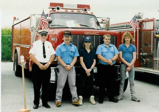 The firemen for the Honey Brook Fire Co. housing parade in front of Tanker 4-9 & Engine 4-9-1. L to R: Chief Parmer, Rodney Gossert, Ron Diem Jr., Scot Simmons, Larry Kurtz... 7/8/92